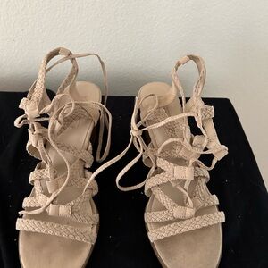 Tan suede strappy  tie wedge sandals